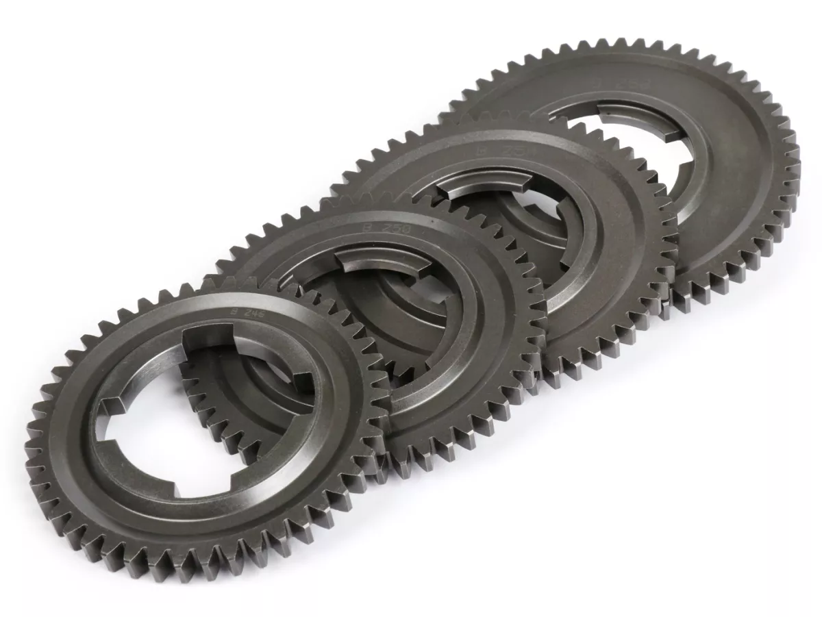 Gear cog set -BENELLI, serial gearing- Vespa V50, V90, 50N, PV125, ET3, SS50, SS90, PK S, PK XL1, PK XL2, ETS - (46, 50, 54, 58 teeth)