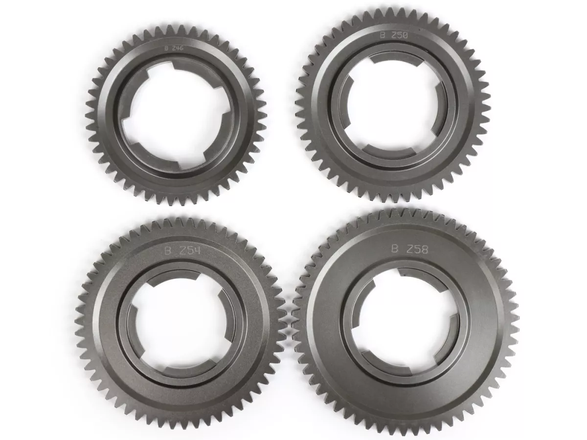 Gear cog set -BENELLI, serial gearing- Vespa V50, V90, 50N, PV125, ET3, SS50, SS90, PK S, PK XL1, PK XL2, ETS - (46, 50, 54, 58 teeth)