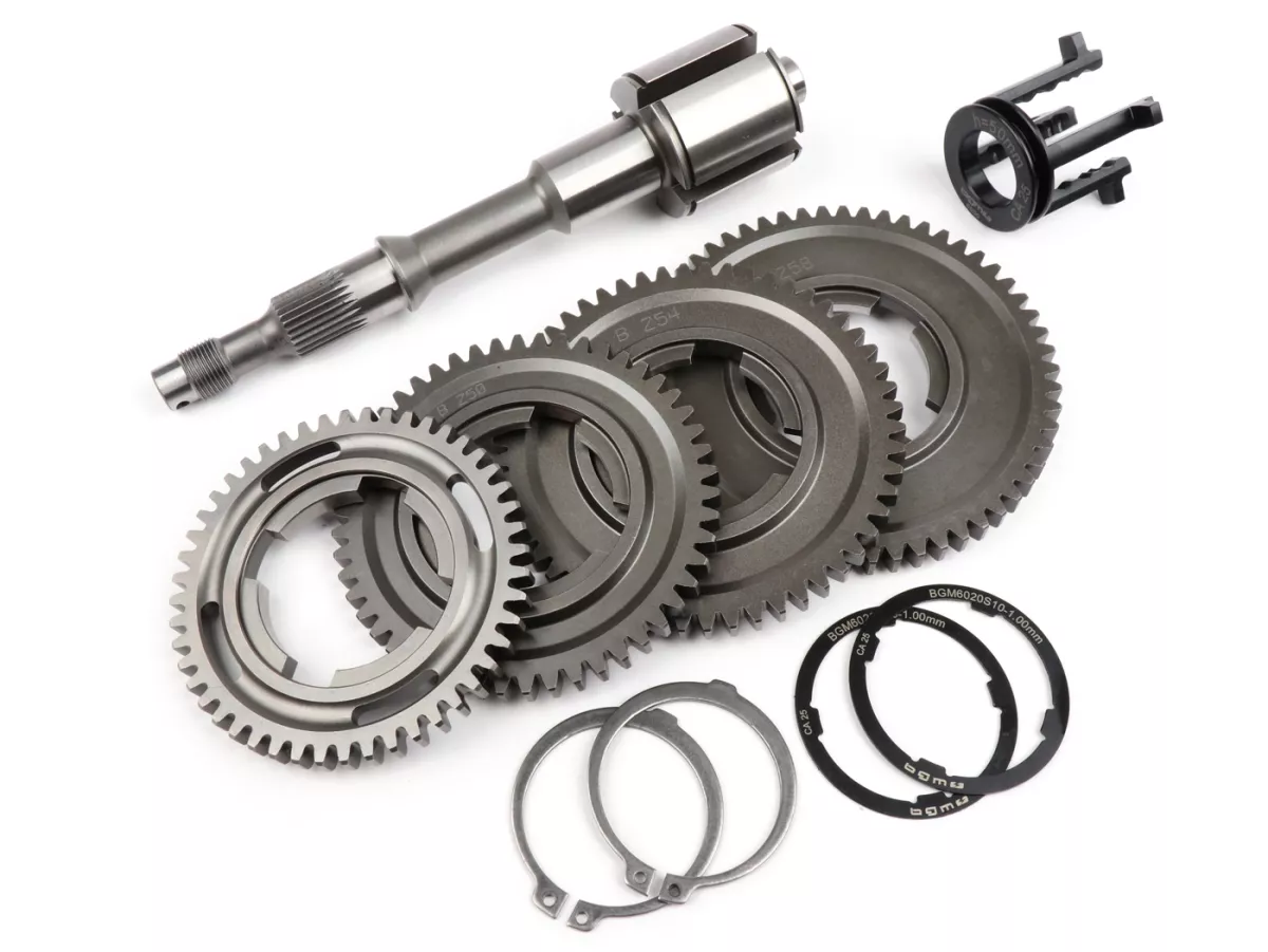 Caja de cambios -BENELLI tipo Sport, marcha estándar 1-3 + cuarta marcha corta- Vespa V50, V90, 50N, PV125, ET3, SS50, SS90, PK S, PK XL1, PK XL2, ETS - (10/58, 14/54, 18/50, 22/48 dientes)