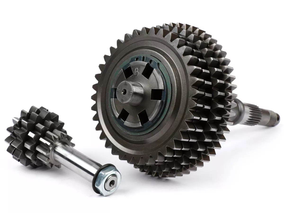 Gearbox lengkap -BENELLI Bull 6 tipe DRAG- Vespa V50, V90, 50N, PV125, ET3, SS50, SS90, PK S, PK XL1, PK XL2, ETS - (11-55, 12-40, 14-37, 15-36 gigi) termasuk poros bantu, poros utama, cakar pemindah gigi, roda gigi, pinion kick starter