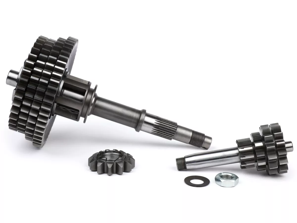 Gearbox lengkap -BENELLI Bull 6 tipe DRAG- Vespa V50, V90, 50N, PV125, ET3, SS50, SS90, PK S, PK XL1, PK XL2, ETS - (11-55, 12-40, 14-37, 15-36 gigi) termasuk poros bantu, poros utama, cakar pemindah gigi, roda gigi, pinion kick starter