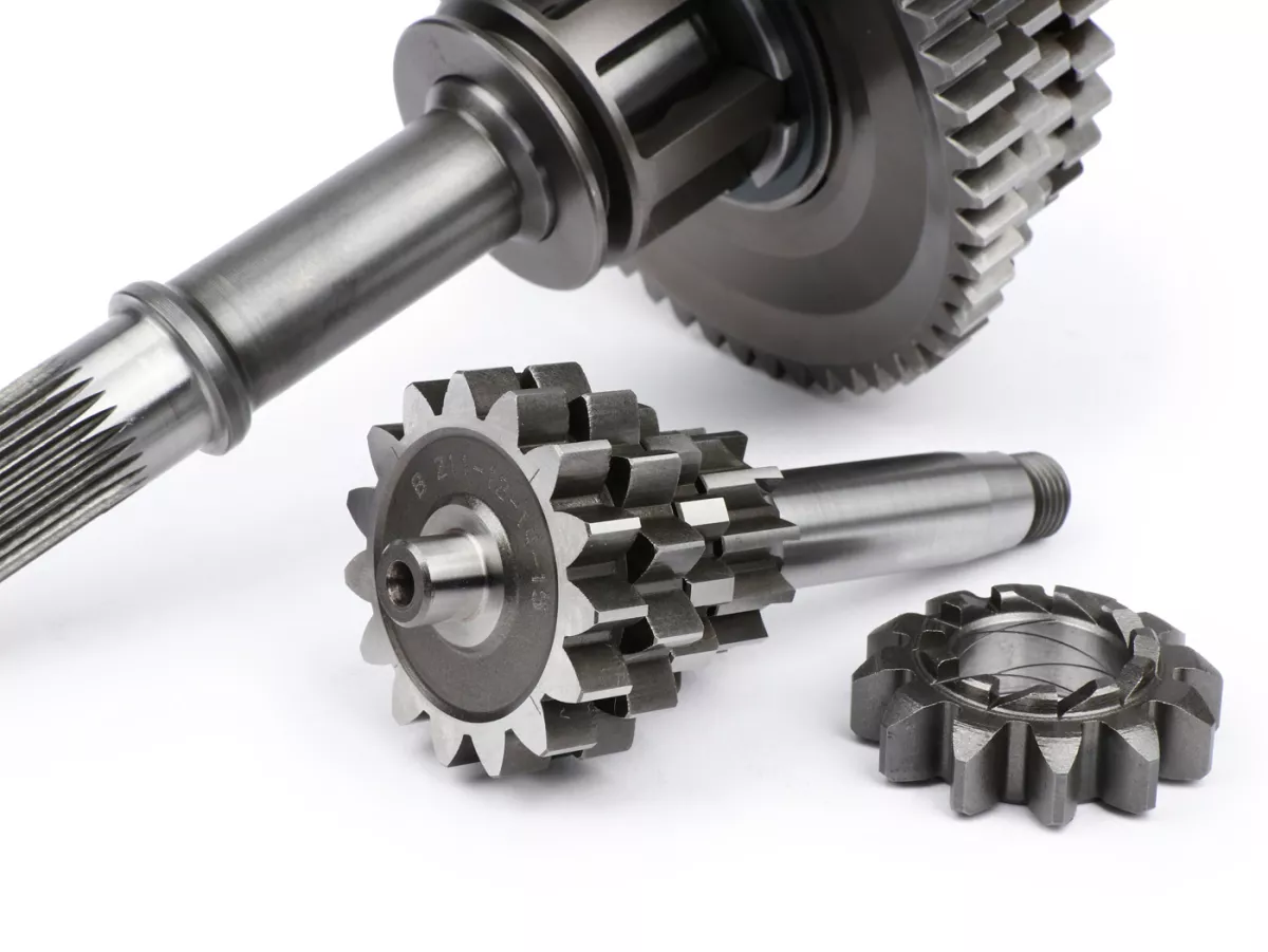 Gearbox lengkap -BENELLI Bull 6 tipe DRAG- Vespa V50, V90, 50N, PV125, ET3, SS50, SS90, PK S, PK XL1, PK XL2, ETS - (11-55, 12-40, 14-37, 15-36 gigi) termasuk poros bantu, poros utama, cakar pemindah gigi, roda gigi, pinion kick starter