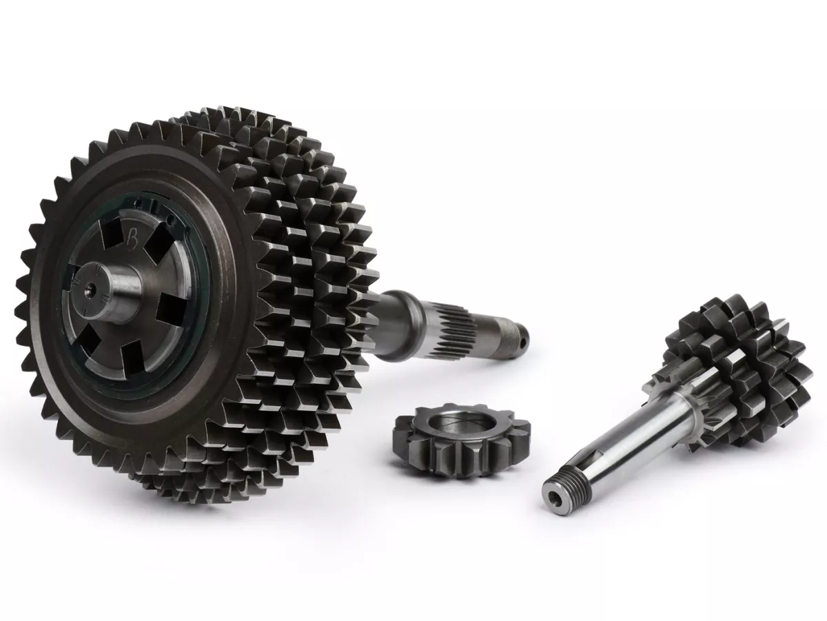 Gearbox lengkap -BENELLI Bull 6 tipe DRAG- Vespa V50, V90, 50N, PV125, ET3, SS50, SS90, PK S, PK XL1, PK XL2, ETS - (11-55, 12-40, 14-37, 15-36 gigi) termasuk poros bantu, poros utama, cakar pemindah gigi, roda gigi, pinion kick starter