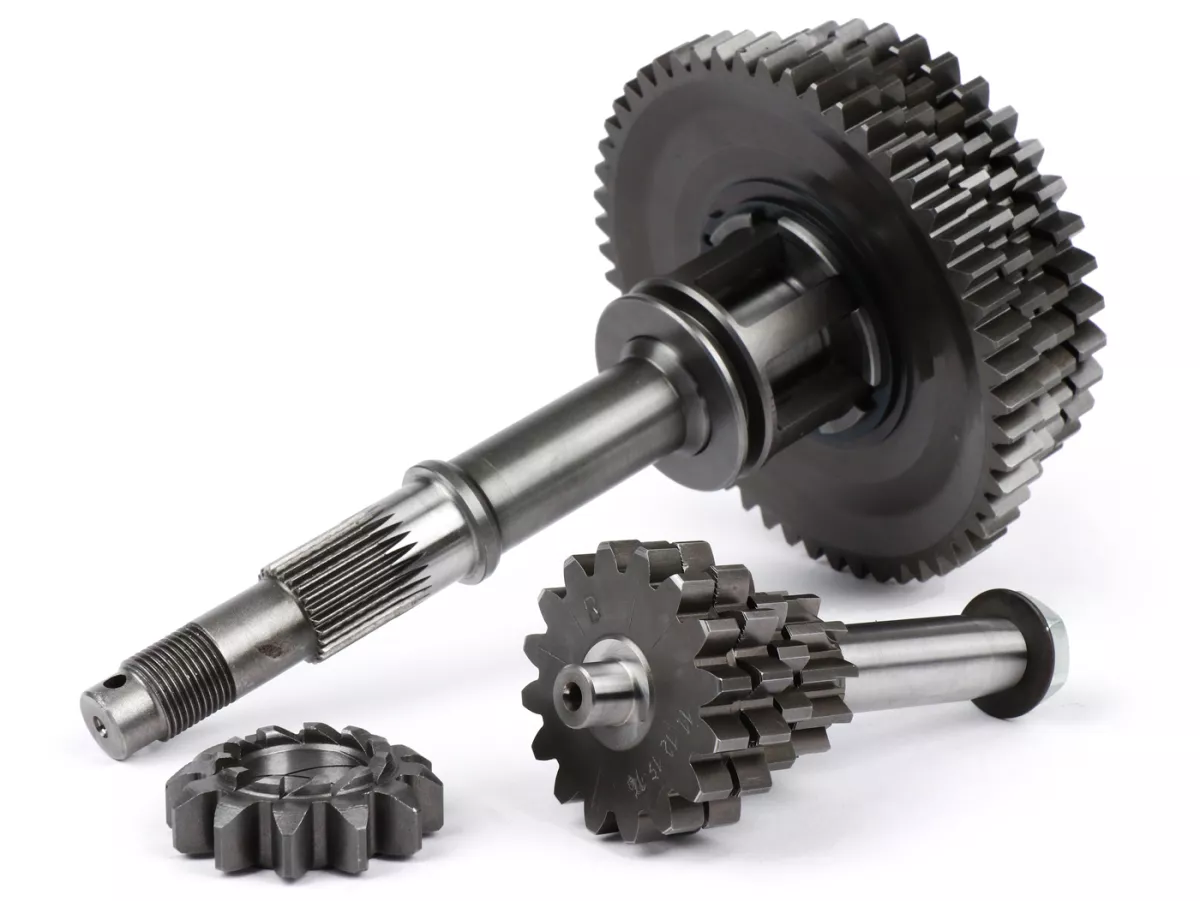Gearbox lengkap -BENELLI Bull 6 tipe SPORT- Vespa V50, V90, 50N, PV125, ET3, SS50, SS90, PK S, PK XL1, PK XL2, ETS - (11-54, 12-40, 15-38, 16-37 gigi) termasuk poros tambahan, poros utama, cakar pemindah gigi, roda gigi, pinion kickstarter