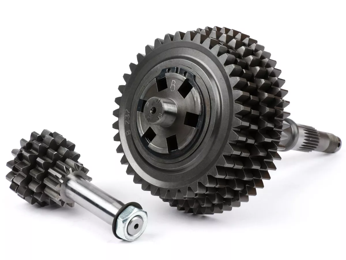 Gearbox lengkap -BENELLI Bull 6 tipe SPORT- Vespa V50, V90, 50N, PV125, ET3, SS50, SS90, PK S, PK XL1, PK XL2, ETS - (11-54, 12-40, 15-38, 16-37 gigi) termasuk poros tambahan, poros utama, cakar pemindah gigi, roda gigi, pinion kickstarter