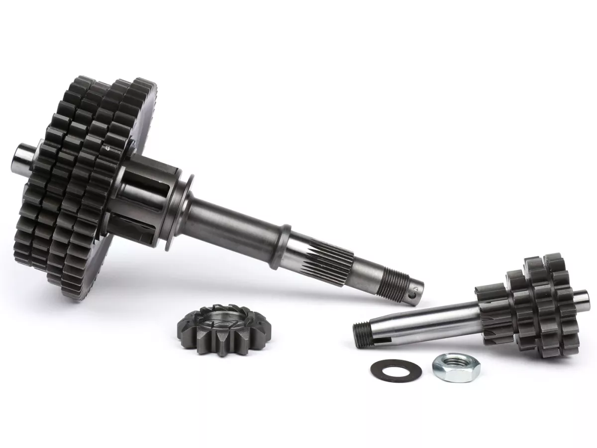 Gearbox lengkap -BENELLI Bull 6 tipe SPORT- Vespa V50, V90, 50N, PV125, ET3, SS50, SS90, PK S, PK XL1, PK XL2, ETS - (11-54, 12-40, 15-38, 16-37 gigi) termasuk poros tambahan, poros utama, cakar pemindah gigi, roda gigi, pinion kickstarter