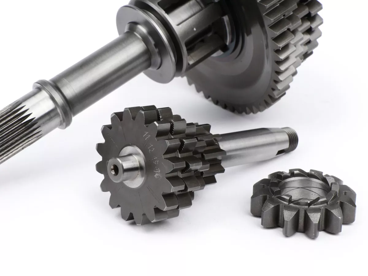 Gearbox lengkap -BENELLI Bull 6 tipe SPORT- Vespa V50, V90, 50N, PV125, ET3, SS50, SS90, PK S, PK XL1, PK XL2, ETS - (11-54, 12-40, 15-38, 16-37 gigi) termasuk poros tambahan, poros utama, cakar pemindah gigi, roda gigi, pinion kickstarter