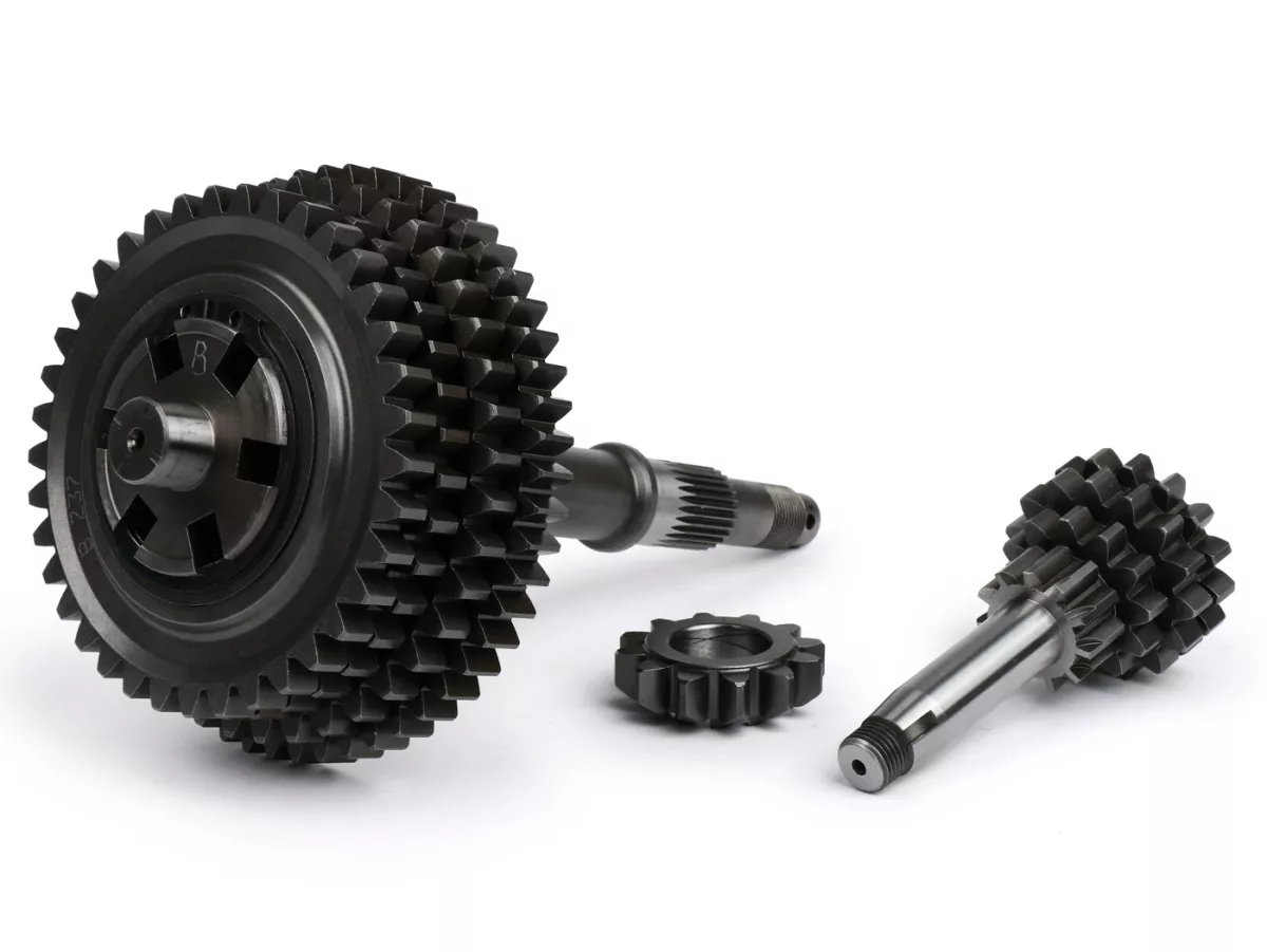 Gearbox lengkap -BENELLI Bull 6 tipe SPORT- Vespa V50, V90, 50N, PV125, ET3, SS50, SS90, PK S, PK XL1, PK XL2, ETS - (11-54, 12-40, 15-38, 16-37 gigi) termasuk poros tambahan, poros utama, cakar pemindah gigi, roda gigi, pinion kickstarter