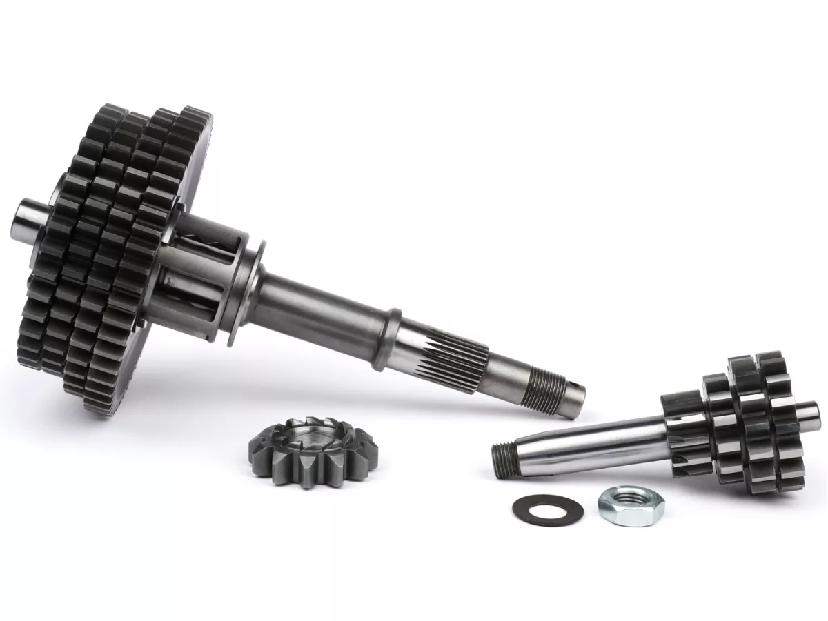 Caja de cambios completa -BENELLI Bull 6 tipo TUNING- Vespa V50, V90, 50N, PV125, ET3, SS50, SS90, PK S, PK XL1, PK XL2, ETS - (12-55, 13-42, 15-38, 17-37 dientes) incl. eje auxiliar, eje principal, garra de cambio, ruedas dentadas, piñón kickstarter