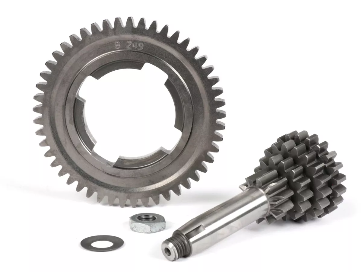 Juego de árbol de transmisión con engranaje 4 de 49 dientes -BENELLI- Vespa V50, PV125, ET3, PK50, PK80, PK125 S-XL/XL2 - 10-14-18-21 dientes - utilizable con caja de cambios original, cuarta velocidad extra corta