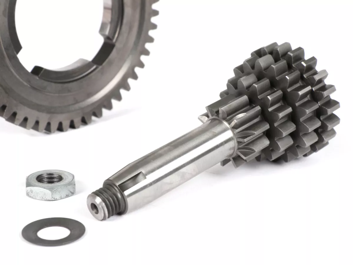 Juego de árbol de transmisión con engranaje 4 de 49 dientes -BENELLI- Vespa V50, PV125, ET3, PK50, PK80, PK125 S-XL/XL2 - 10-14-18-21 dientes - utilizable con caja de cambios original, cuarta velocidad extra corta