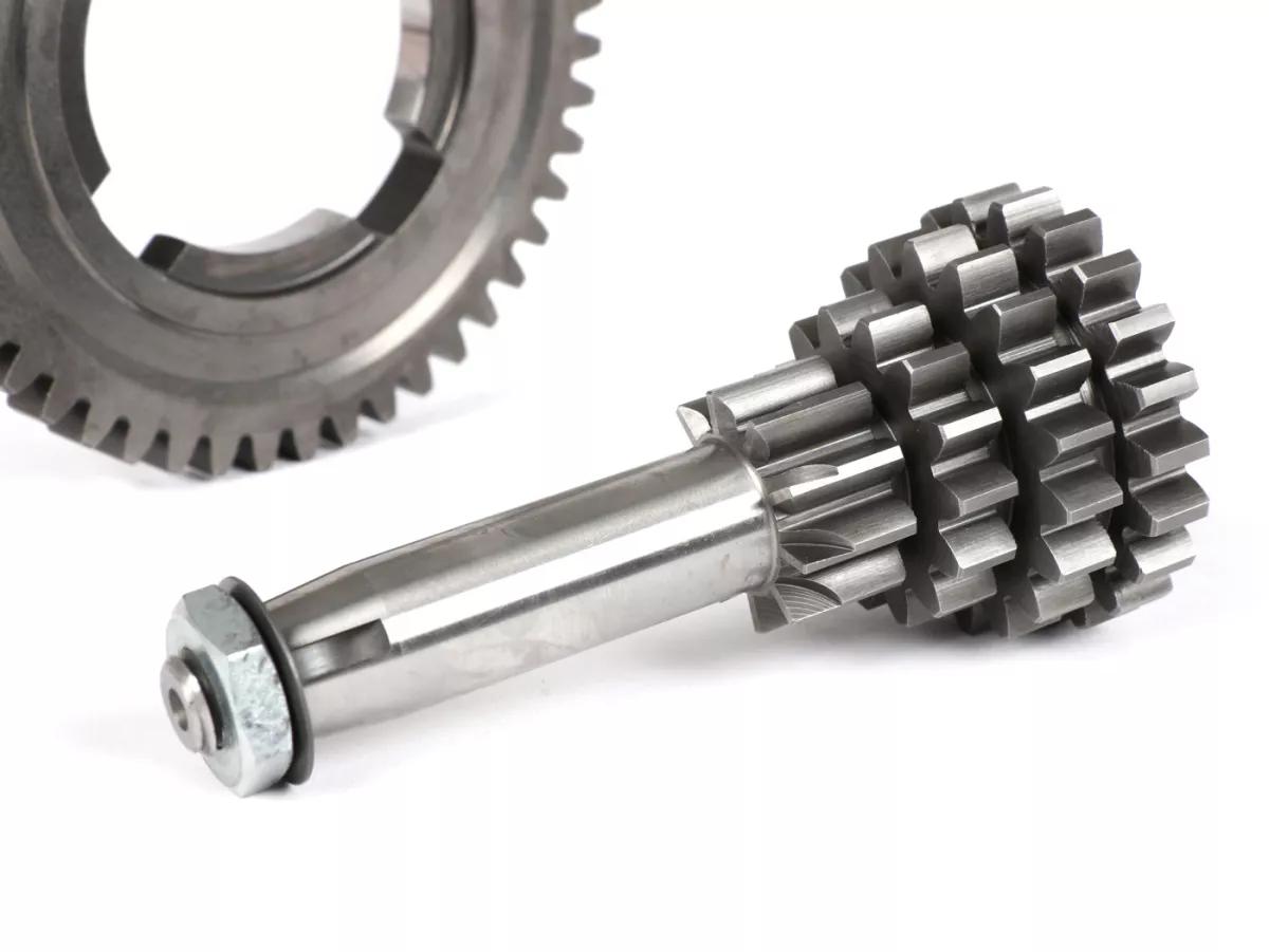Juego de árbol de transmisión con engranaje 4 de 49 dientes -BENELLI- Vespa V50, PV125, ET3, PK50, PK80, PK125 S-XL/XL2 - 10-14-18-21 dientes - utilizable con caja de cambios original, cuarta velocidad extra corta