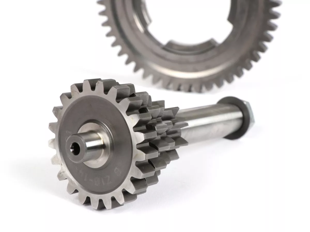 Juego de árbol de transmisión con engranaje 4 de 49 dientes -BENELLI- Vespa V50, PV125, ET3, PK50, PK80, PK125 S-XL/XL2 - 10-14-18-21 dientes - utilizable con caja de cambios original, cuarta velocidad extra corta