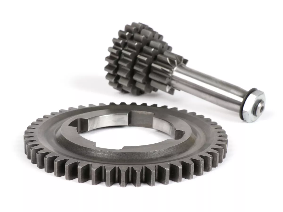 Juego de árbol de transmisión con engranaje 4 de 49 dientes -BENELLI- Vespa V50, PV125, ET3, PK50, PK80, PK125 S-XL/XL2 - 10-14-18-21 dientes - utilizable con caja de cambios original, cuarta velocidad extra corta