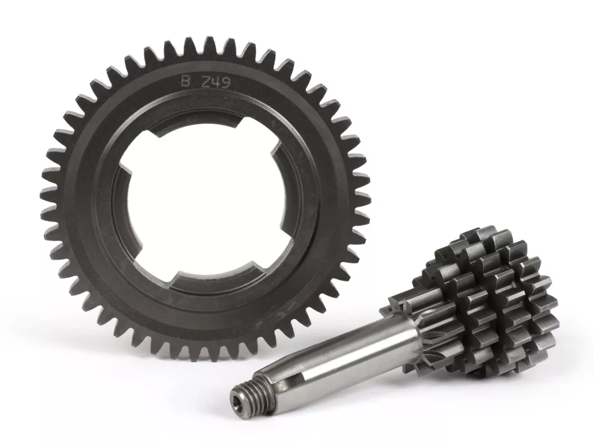 Set poros PTO termasuk gigi 4 dengan 49 gigi -BENELLI- Vespa V50, PV125, ET3, PK50, PK80, PK125 S-XL/XL2 - 10-14-18-20 gigi - dapat digunakan dengan gearbox orisinil, gigi keempat ekstra pendek