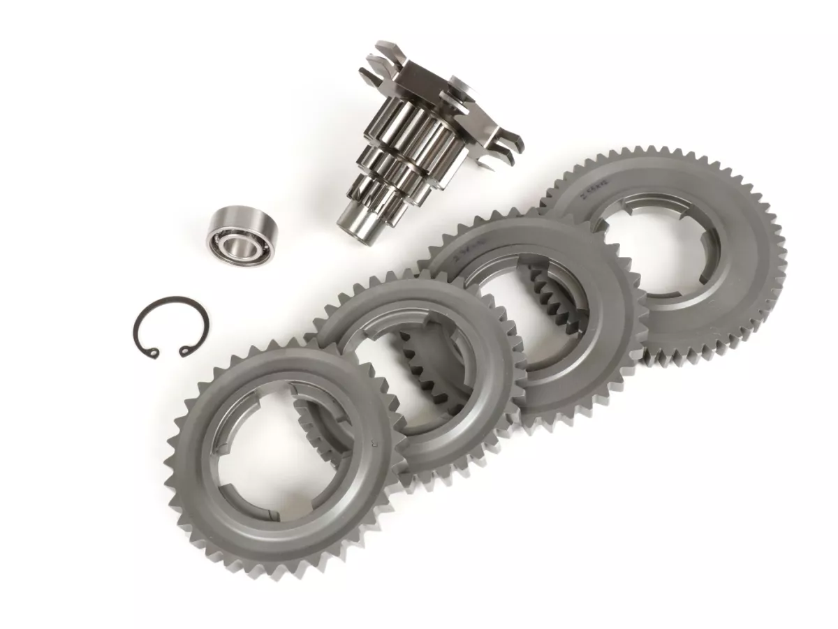 Gearbox (gears + auxiliary shaft) -BENELLI type GPX- Vespa PX125, PX150, PX200, T5 125cc, Cosa - 12/55, 12/38, 16/38, 16/34 teeth - extra short