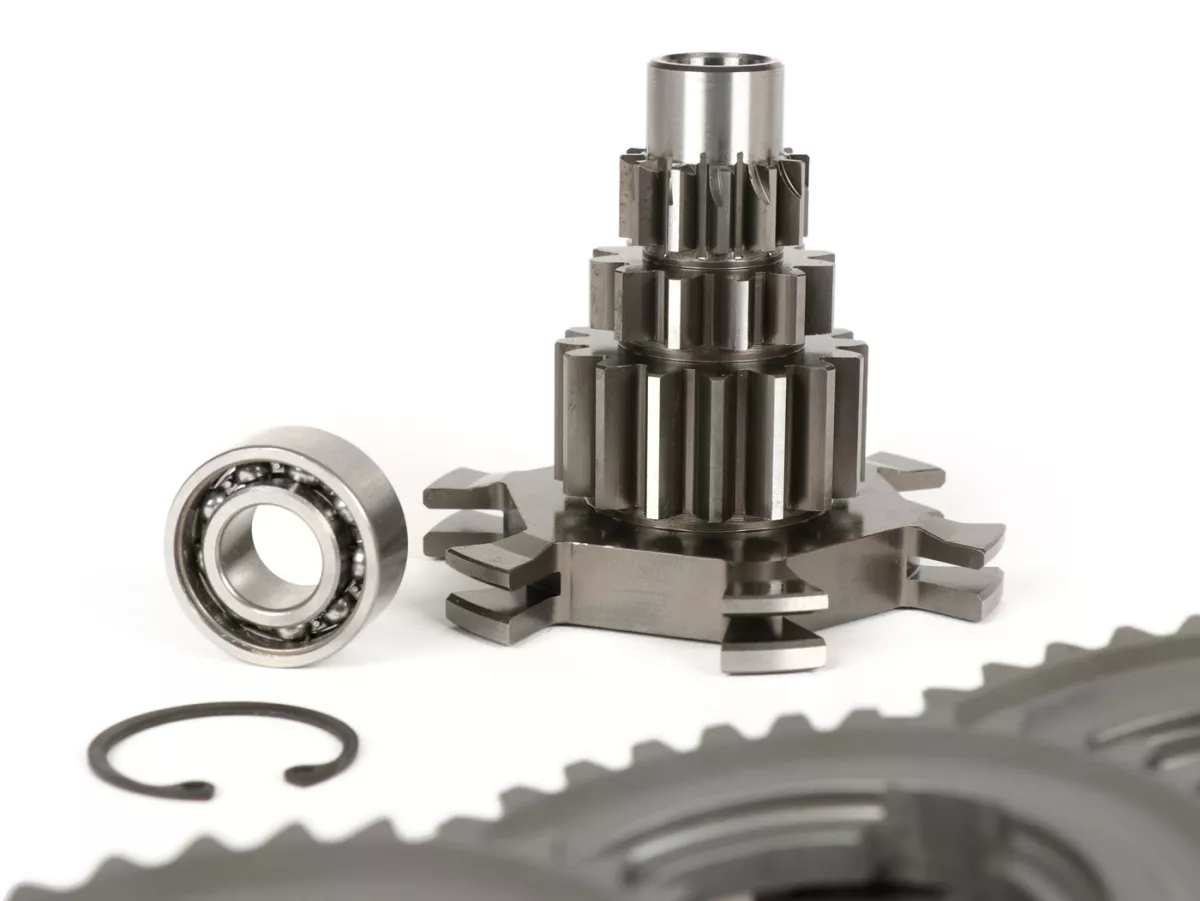 Gearbox (gears + auxiliary shaft) -BENELLI type GPX- Vespa PX125, PX150, PX200, T5 125cc, Cosa - 12/55, 12/38, 16/38, 16/34 teeth - extra short
