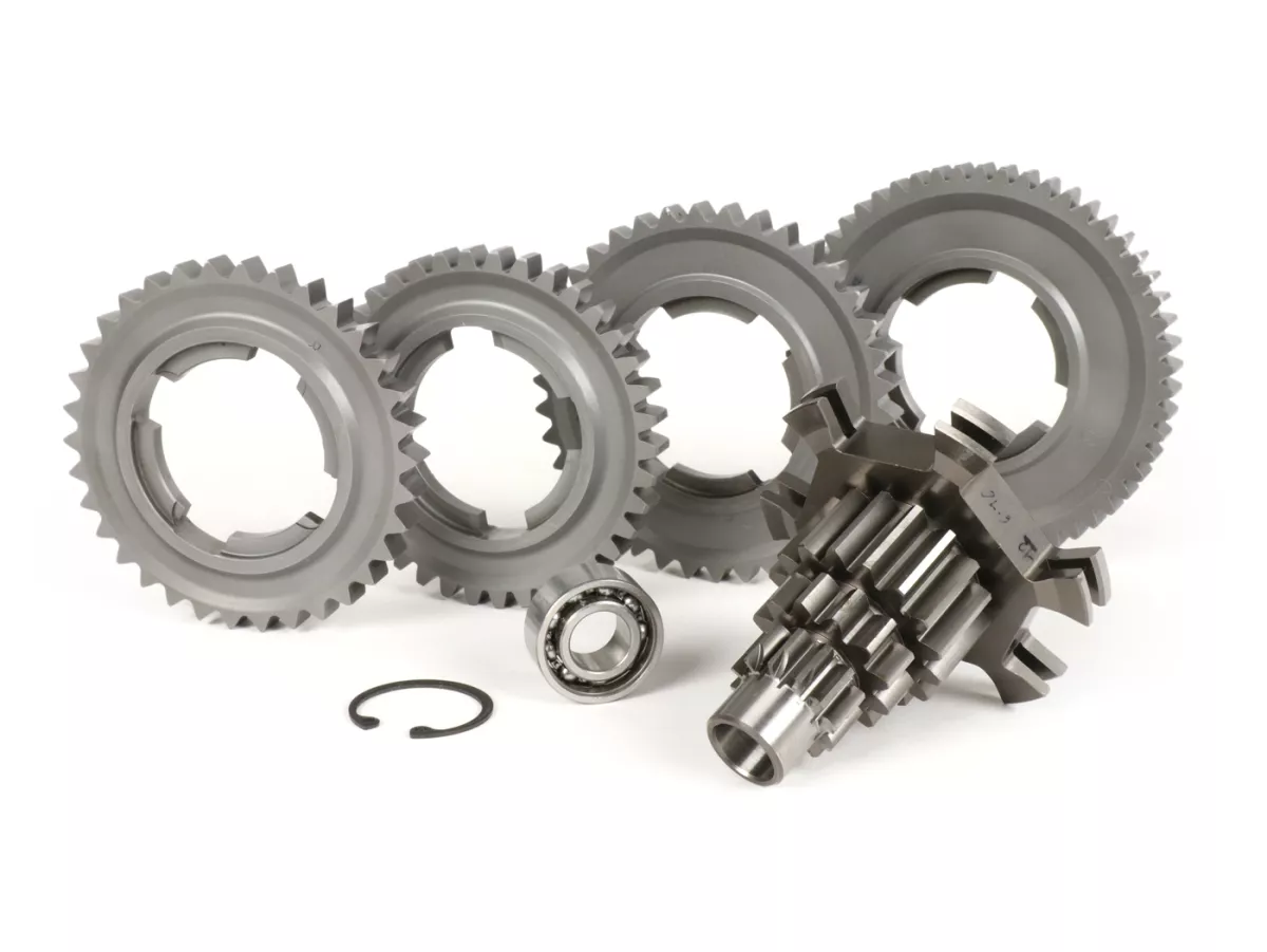 Gearbox (gears + auxiliary shaft) -BENELLI type GPX- Vespa PX125, PX150, PX200, T5 125cc, Cosa - 12/55, 12/38, 16/38, 16/34 teeth - extra short