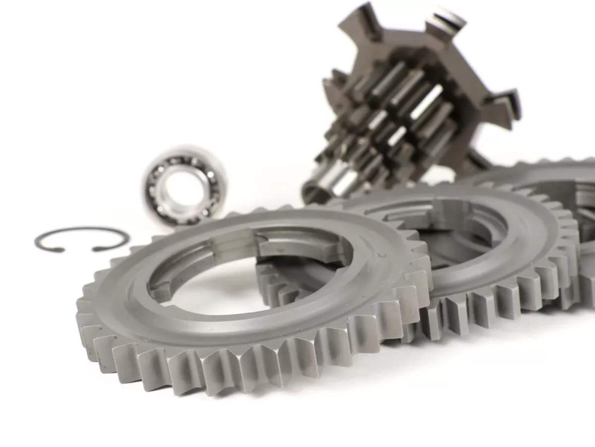 Gearbox (gears + auxiliary shaft) -BENELLI type GPX- Vespa PX125, PX150, PX200, T5 125cc, Cosa - 12/55, 12/38, 16/38, 16/34 teeth - extra short