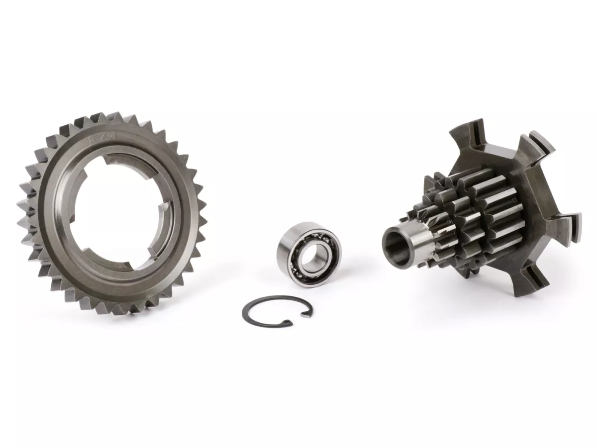 Kit arbre primaire, pignon 4ème vitesse de 34 dents incl. -BENELLI type Drag Cluster- Vespa PX125, PX150, PX200, T5 125cc, Cosa, Rally - 12-12-17-17 dents