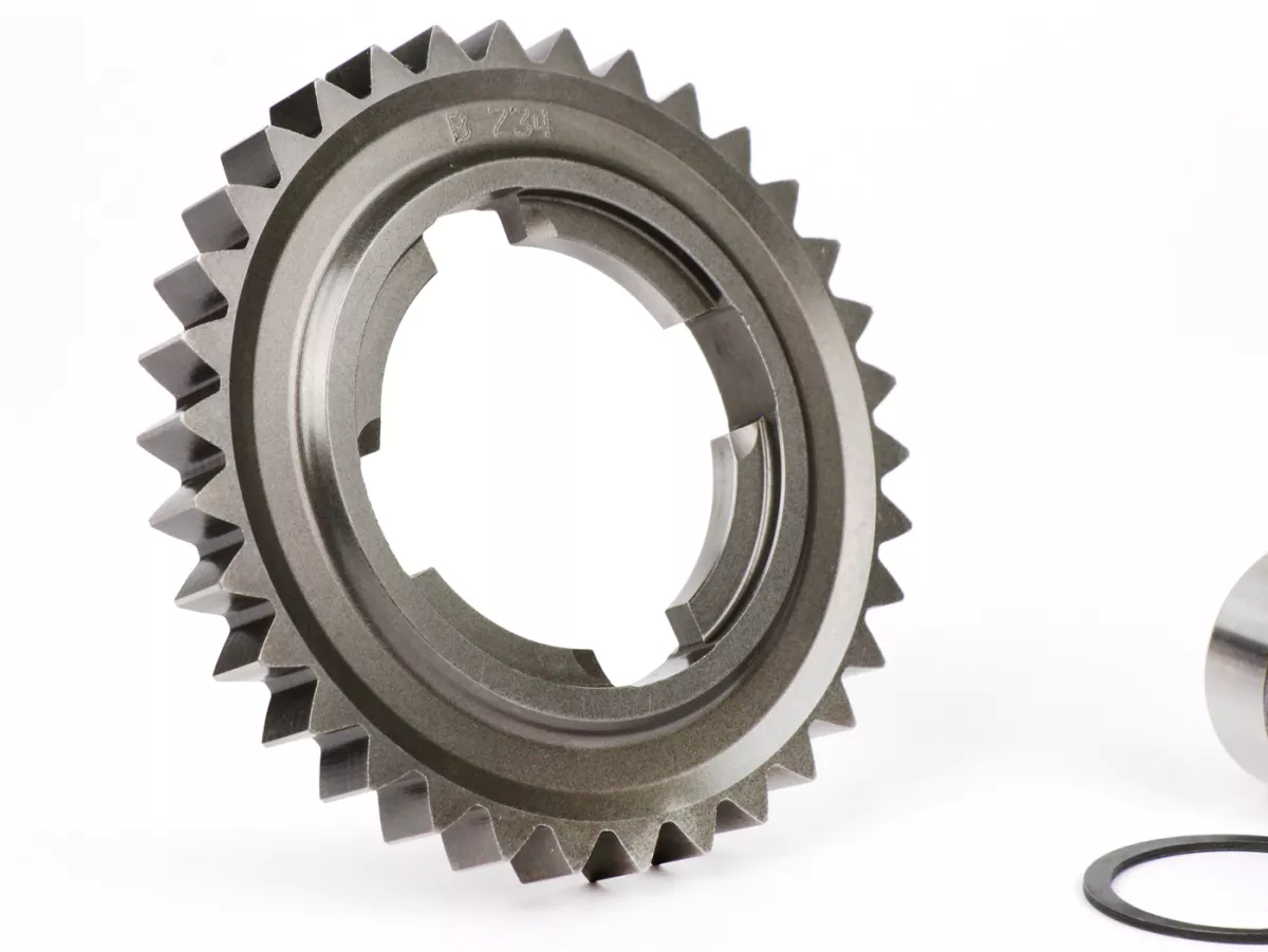 Kit arbre primaire, pignon 4ème vitesse de 34 dents incl. -BENELLI type Drag Cluster- Vespa PX125, PX150, PX200, T5 125cc, Cosa, Rally - 12-12-17-17 dents