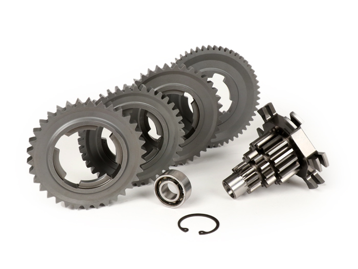 Gearbox (gears + auxiliary shaft) -BENELLI type GPX- Vespa PX125, PX150, PX200, T5 125cc, Cosa - 12/55, 12/38, 17/38, 17/34 teeth - short