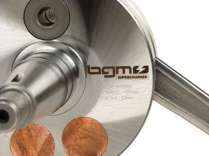 Crankshaft -BGM Evolution 52mm stroke, 105mm connecting rod (std), Ø=90mm cheeks- Piaggio Maxi 2-stroke, Aprilia SR125, Gilera Runner 125FX, 180FXR, Italjet Dragster 125, 180, Piaggio SKR125, SKR150, TPH125, Skipper125, Skipper150, Hexagon 125EX, 150EX, 1