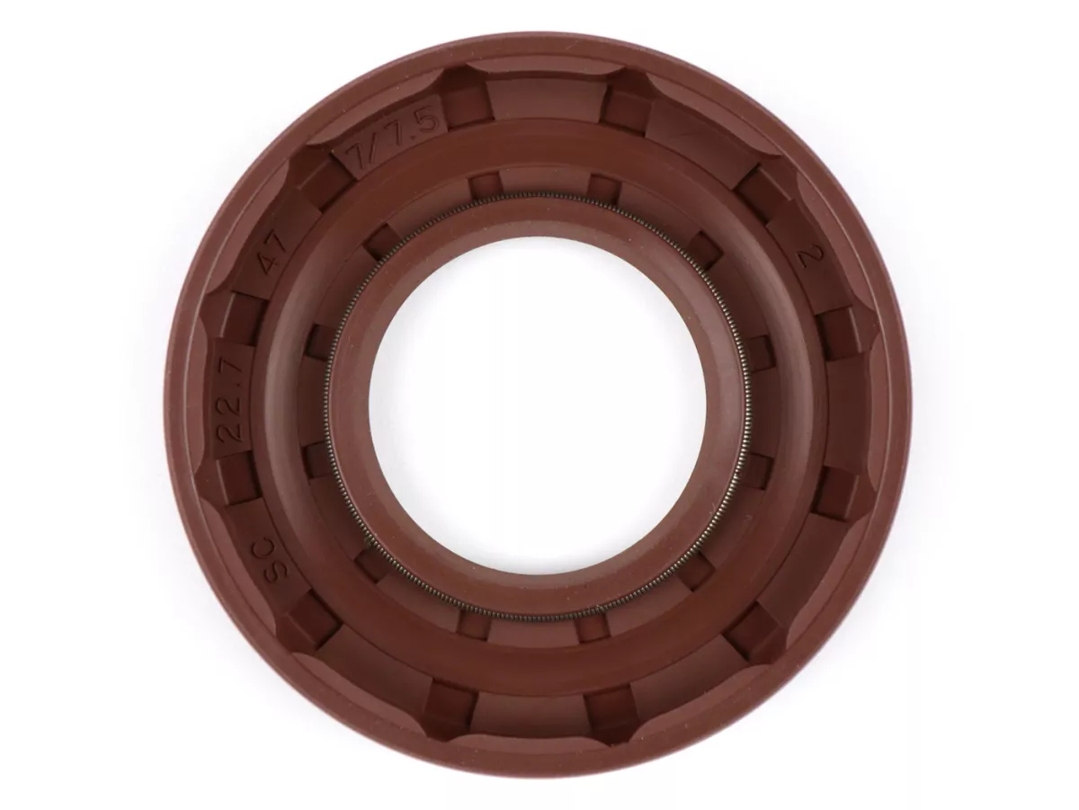 Oil seal 22,7x47x7/7,5mm -BGM PRO FKM/Viton® (E10/etahnol resistant)- (used for crankshaft drive side Vespa V50, V90, SS50, SS90, PV125, ET3, PK S, PK XL - gear box input shaft Piaggio 125-180 cc 2-stroke, Piaggio 125 cc 4-stroke (1st generation))
