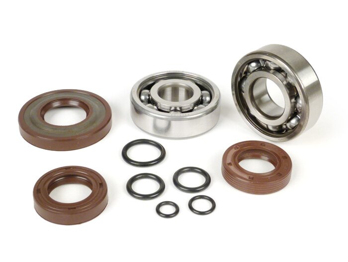 Set di cuscinetti - set di guarnizioni per albero motore -BGM ORIGINAL- Vespa V50, PV125, ET3, PK50S, PK50XL, PK50XL2, PK80S, PK125S - 1x 6303 + 1x 6204 - incl. O-ring -adatto anche per la conversione in albero motore con Ø20mm limashaft per V50, PV125, E