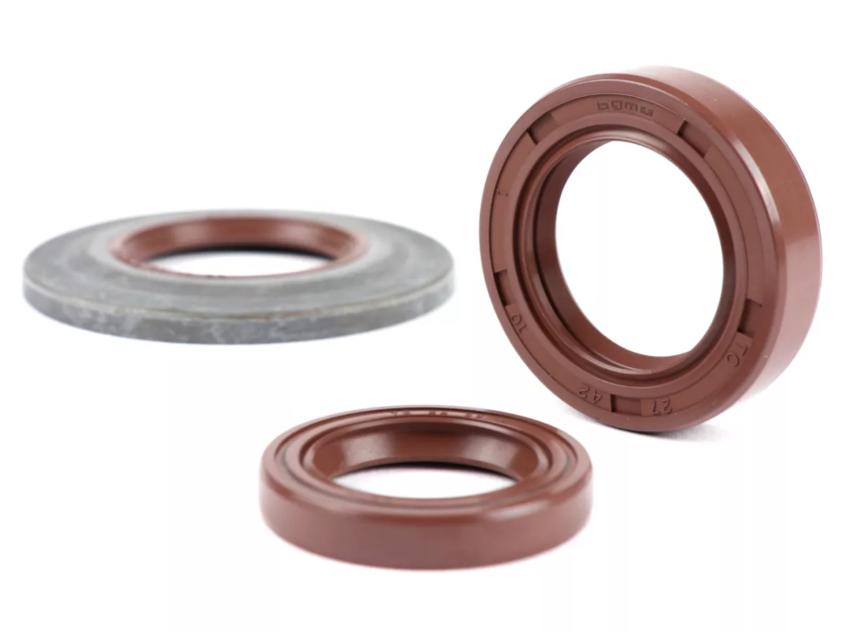 Juego de retenes del motor -BGM PRO, FKM/Viton® (resistente a E10) metal, marrón- Vespa Largeframe PX Lusso (1993-) - PX80, PX125, PX150, PX200, T5 125cc, MY, 98, Cosa, LML125/150 Star (2 tiempos), Stella125/150 (2 tiempos) - Retén de la rueda trasera 27x