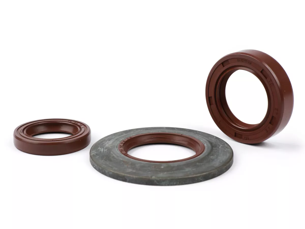 Motorolieafdichtingsset -BGM PRO, FKM/Viton® (E10 bestendig) metaal, bruin (extra plat, 3.5mm)- Vespa Largeframe PX Lusso (1993-) - Oliekeerring achterwiel 27x42x10mm - PX80, PX125, PX150, PX200, T5 125cc, MY, 98, Cosa, LML125/150 Star (2-takt)