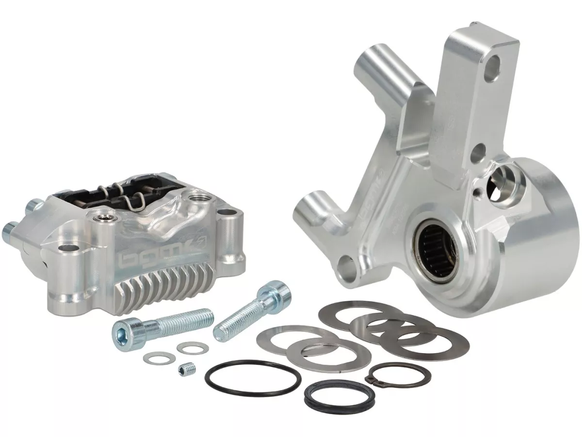Kit completo de freno delantero - Freno radial BGM PRO SPORT de 4 pistones con adaptador fresado CNC incl. certificado TÜV - adecuado para frenos de disco Vespa PX Disc (a partir de 1998), MY, 2011 y Grimeca retrofit - plata
