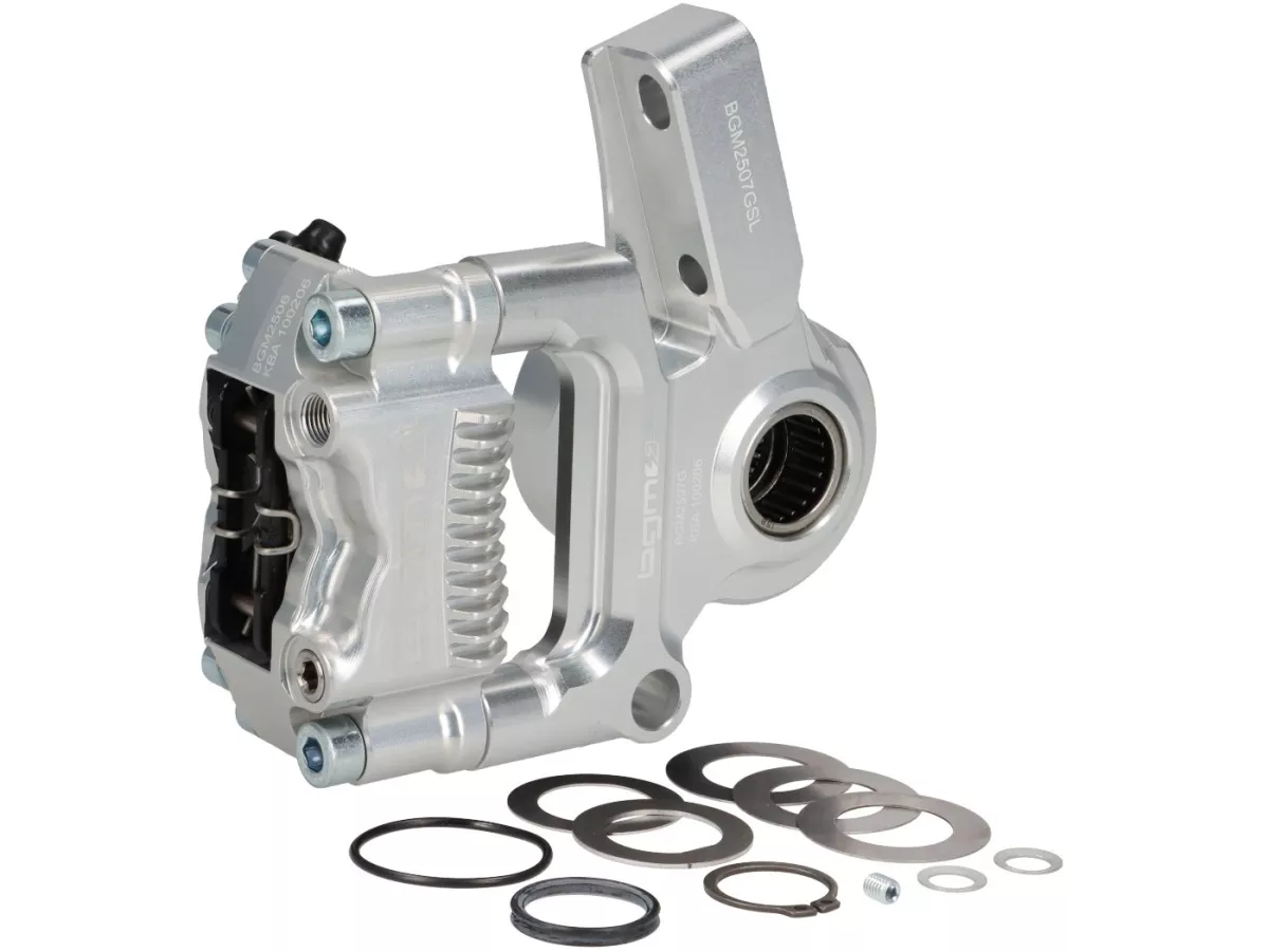Kit completo de freno delantero - Freno radial BGM PRO SPORT de 4 pistones con adaptador fresado CNC incl. certificado TÜV - adecuado para frenos de disco Vespa PX Disc (a partir de 1998), MY, 2011 y Grimeca retrofit - plata