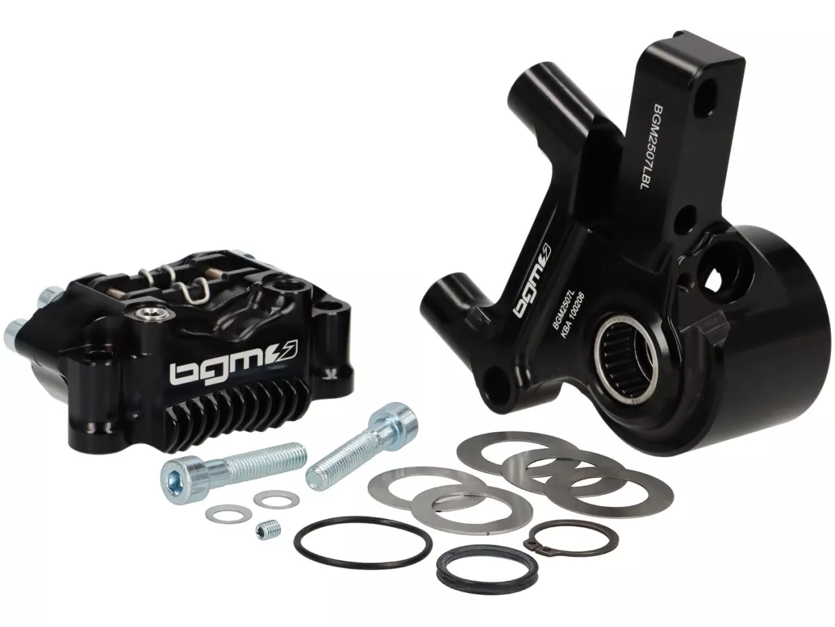 Kit completo de freno delantero - Freno radial BGM PRO SPORT de 4 pistones con adaptador fresado CNC incl. certificado TÜV - adecuado para LML Star/Stella - negro