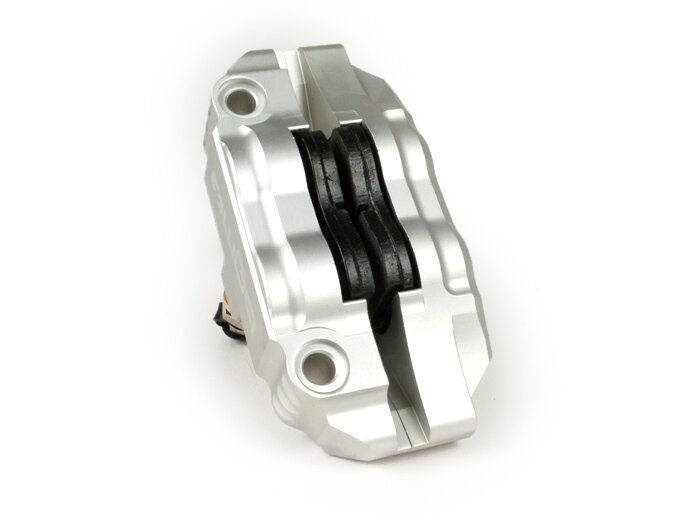 Pinza de freno delantero -BGM PRO, 4 pistones, montaje radial (requiere adaptador)- para PX Disc, LML Star, Stella, Grimeca NT classic- Vespa PX (a partir de 1998, estándar), PX, T5 125cc, PK XL - Plata