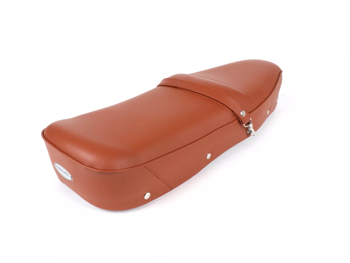 Seat -BGM PRO Pegasus with badge and riveted- Lambretta LI, LI S, SX, TV, DL, GP - light brown