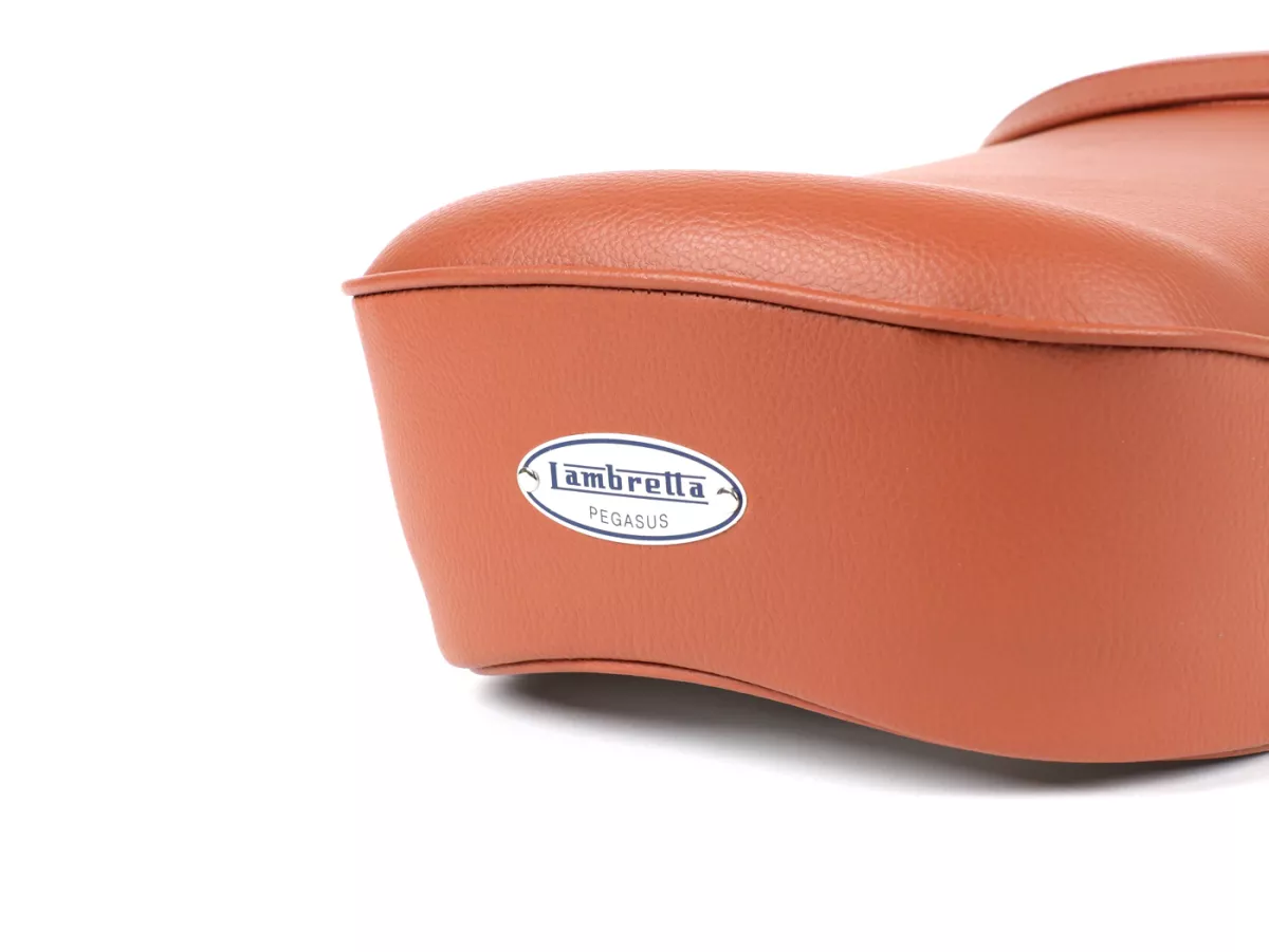 Seat -BGM PRO Pegasus with badge and riveted- Lambretta LI, LI S, SX, TV, DL, GP - light brown