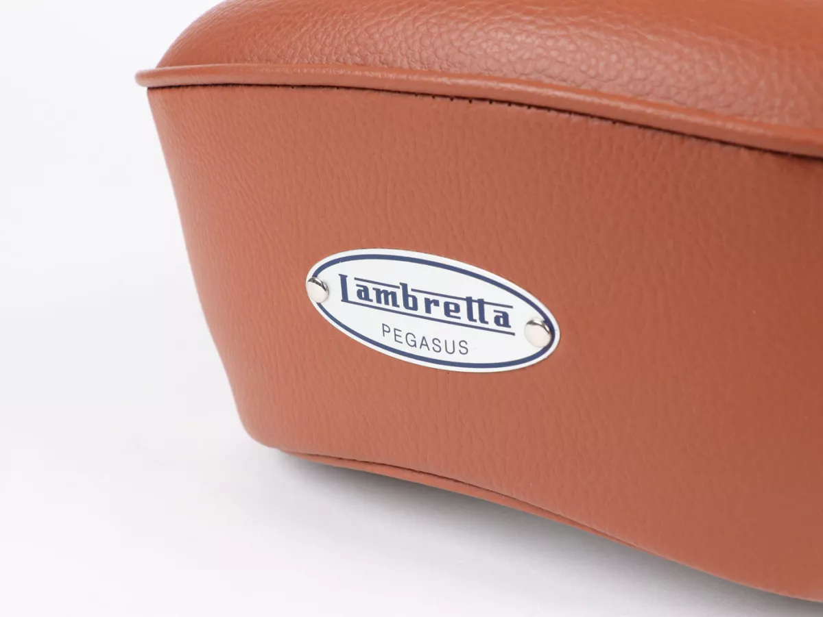 Seat -BGM PRO Pegasus with badge and riveted- Lambretta LI, LI S, SX, TV, DL, GP - light brown