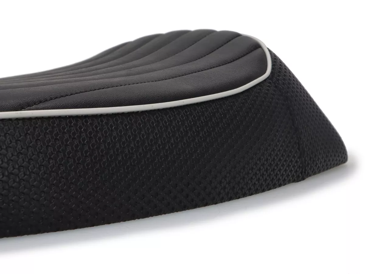 Seat -BGM PRO Sport- Vespa PX (-1983), Sprint, GT, GTR, Super, TS, GL, VNA, VBA, VNB, VBB, T4 - with flat fuel tank also fits Rally 180/200, GS160, SS180 - without lock - grey piping