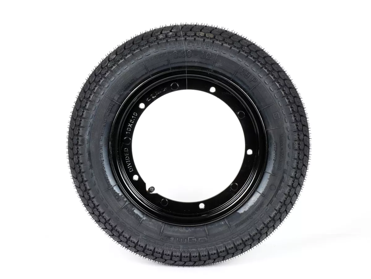 Komplettrad (Reifen fahrbereit auf Felge montiert) -BGM Classic, Vespa Largeframe PX, Sprint, Rally, GT, GTR, TS, T4, LML Star/Stella- 3.50 - 10 Zoll TT 59P (reinforced) - Felge Stahl, lackiert 2.10- 10 - schwarz