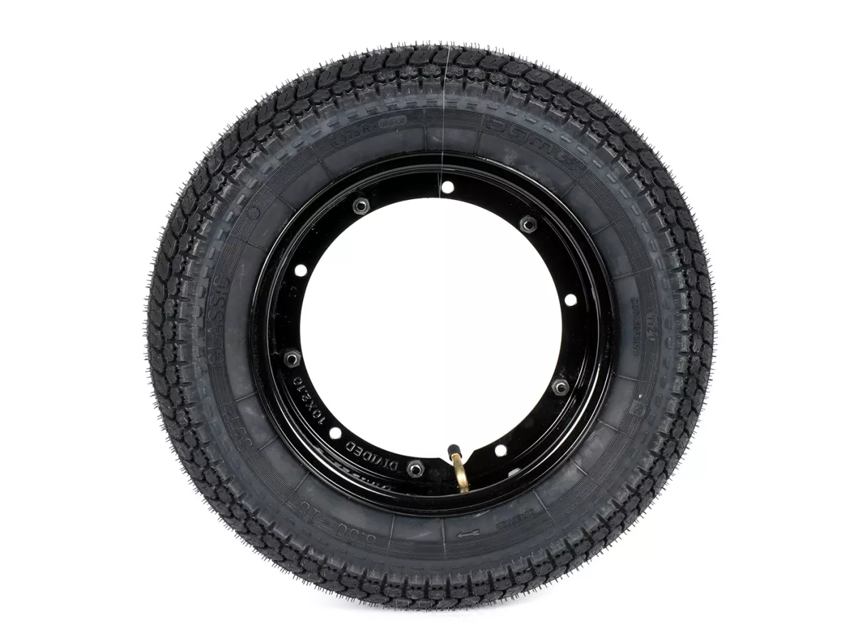 Komplettrad (Reifen fahrbereit auf Felge montiert) -BGM Classic, Vespa Largeframe PX, Sprint, Rally, GT, GTR, TS, T4, LML Star/Stella- 3.50 - 10 Zoll TT 59P (reinforced) - Felge Stahl, lackiert 2.10- 10 - schwarz
