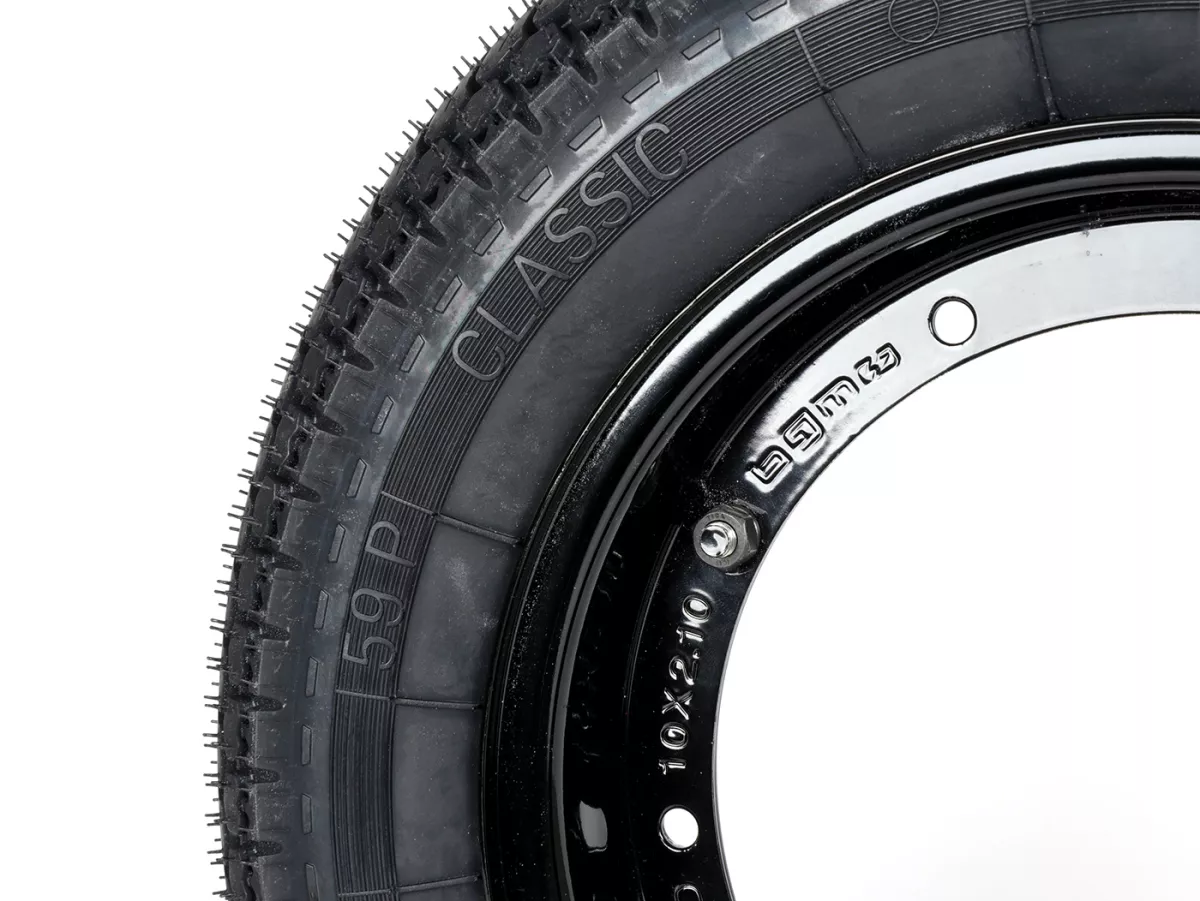 Komplettrad (Reifen fahrbereit auf Felge montiert) -BGM Classic, Vespa Largeframe PX, Sprint, Rally, GT, GTR, TS, T4, LML Star/Stella- 3.50 - 10 Zoll TT 59P (reinforced) - Felge Stahl, lackiert 2.10- 10 - schwarz