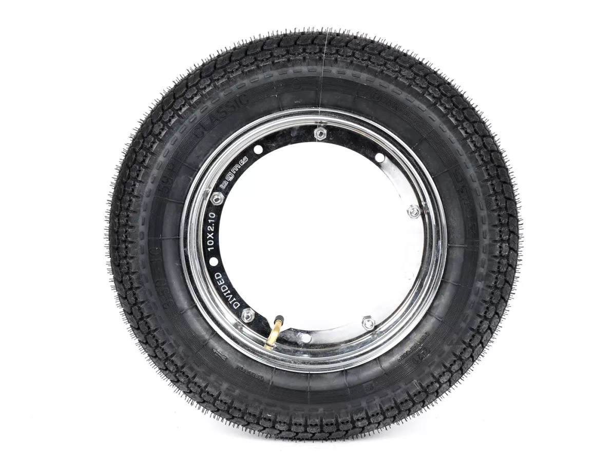 Komplettrad (Reifen fahrbereit auf Felge montiert) -BGM Classic, Vespa Largeframe PX, Sprint, Rally, GT, GTR, TS, T4, LML Star/Stella- 3.50 - 10 Zoll TT 59P (reinforced) - Felge Stahl, lackiert 2.10- 10 - Chrom