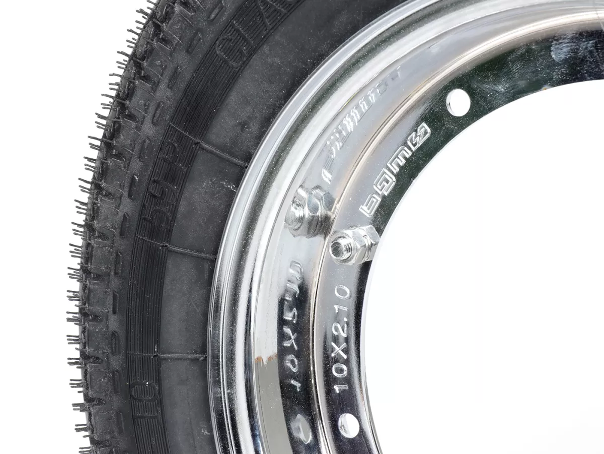 Komplettrad (Reifen fahrbereit auf Felge montiert) -BGM Classic, Vespa Largeframe PX, Sprint, Rally, GT, GTR, TS, T4, LML Star/Stella- 3.50 - 10 Zoll TT 59P (reinforced) - Felge Stahl, lackiert 2.10- 10 - Chrom
