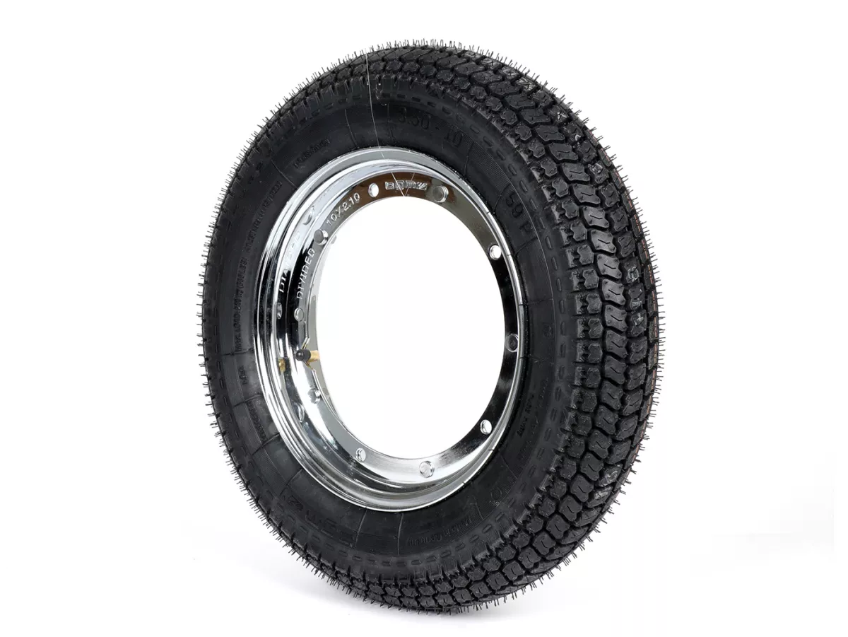 Komplettrad (Reifen fahrbereit auf Felge montiert) -BGM Classic, Vespa Largeframe PX, Sprint, Rally, GT, GTR, TS, T4, LML Star/Stella- 3.50 - 10 Zoll TT 59P (reinforced) - Felge Stahl, lackiert 2.10- 10 - Chrom