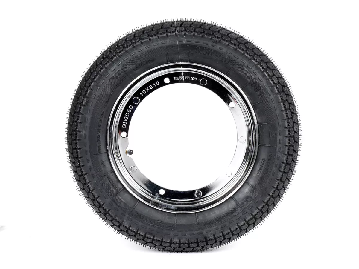 Komplettrad (Reifen fahrbereit auf Felge montiert) -BGM Classic, Vespa Largeframe PX, Sprint, Rally, GT, GTR, TS, T4, LML Star/Stella- 3.50 - 10 Zoll TT 59P (reinforced) - Felge Stahl, lackiert 2.10- 10 - Chrom