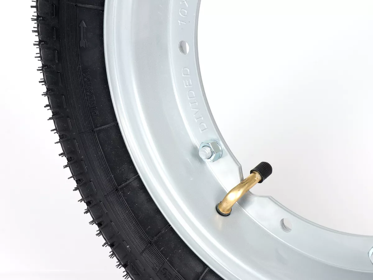 Komplettrad (Reifen fahrbereit auf Felge montiert) -BGM Classic, Vespa Largeframe PX, Sprint, Rally, GT, GTR, TS, T4, LML Star/Stella- 3.50 - 10 Zoll TT 59P (reinforced) - Felge Stahl, lackiert 2.10- 10 - Grau