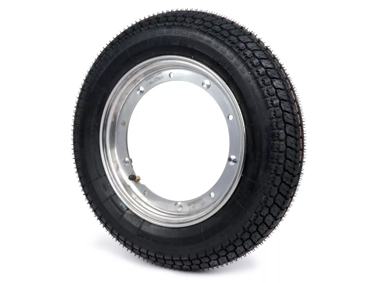 Compleet wiel (band gemonteerd op velg, klaar om te rijden) -BGM Classic, Vespa Largeframe PX, Sprint, Rally, GT, GTR, TS, T4, LML Star/Stella- 3.50 - 10 inch TT 59S (versterkt) - Velg roestvrij staal 2.10- 10- -BGM Classic.
