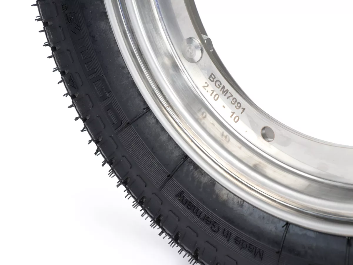 Compleet wiel (band gemonteerd op velg, klaar om te rijden) -BGM Classic, Vespa Largeframe PX, Sprint, Rally, GT, GTR, TS, T4, LML Star/Stella- 3.50 - 10 inch TT 59S (versterkt) - Velg roestvrij staal 2.10- 10- -BGM Classic.