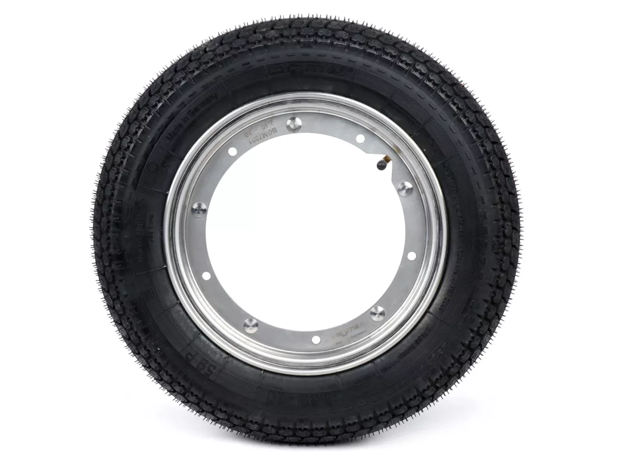 Compleet wiel (band gemonteerd op velg, klaar om te rijden) -BGM Classic, Vespa Largeframe PX, Sprint, Rally, GT, GTR, TS, T4, LML Star/Stella- 3.50 - 10 inch TT 59S (versterkt) - Velg roestvrij staal 2.10- 10- -BGM Classic.